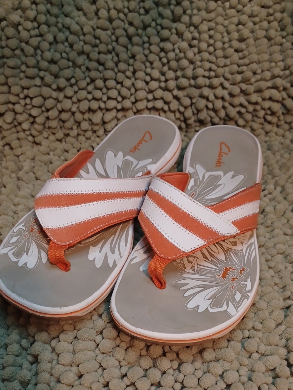 Clarks Women’s Orange and White Striped Thong Sandals